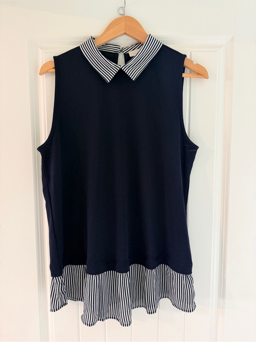 LOFT Mixed Media Sleeveless Top with Navy-and-White Striped Collar & Hem